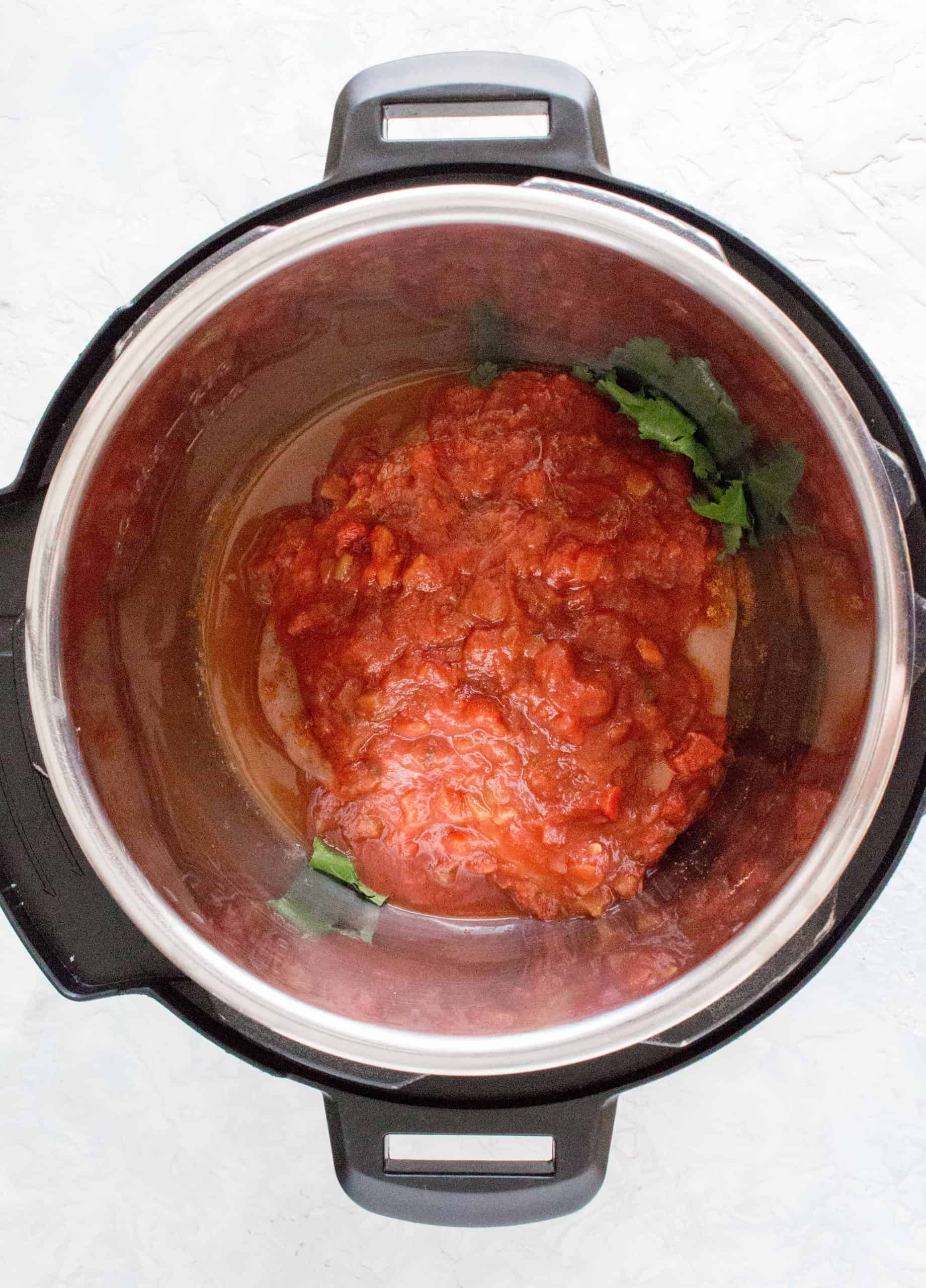 salsa layered on top of chicken in the instant pot