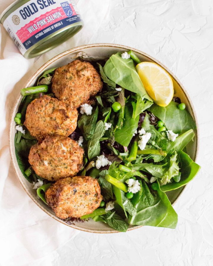 This Salmon Patties with Spring Salad is super easy to make and only takes a couple minutes to put together. Full of good and simple ingredients, this is an easy recipe to whip up in a pinch!