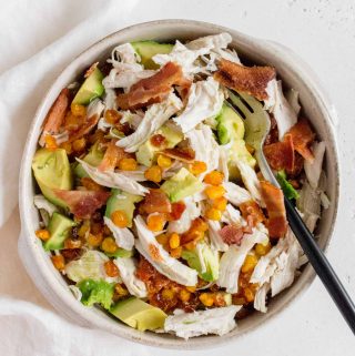This Simple Avocado Bacon Corn Chicken Salad is perfect summer salad. Easy to put together and super versatile, make this salad for your next bbq! 