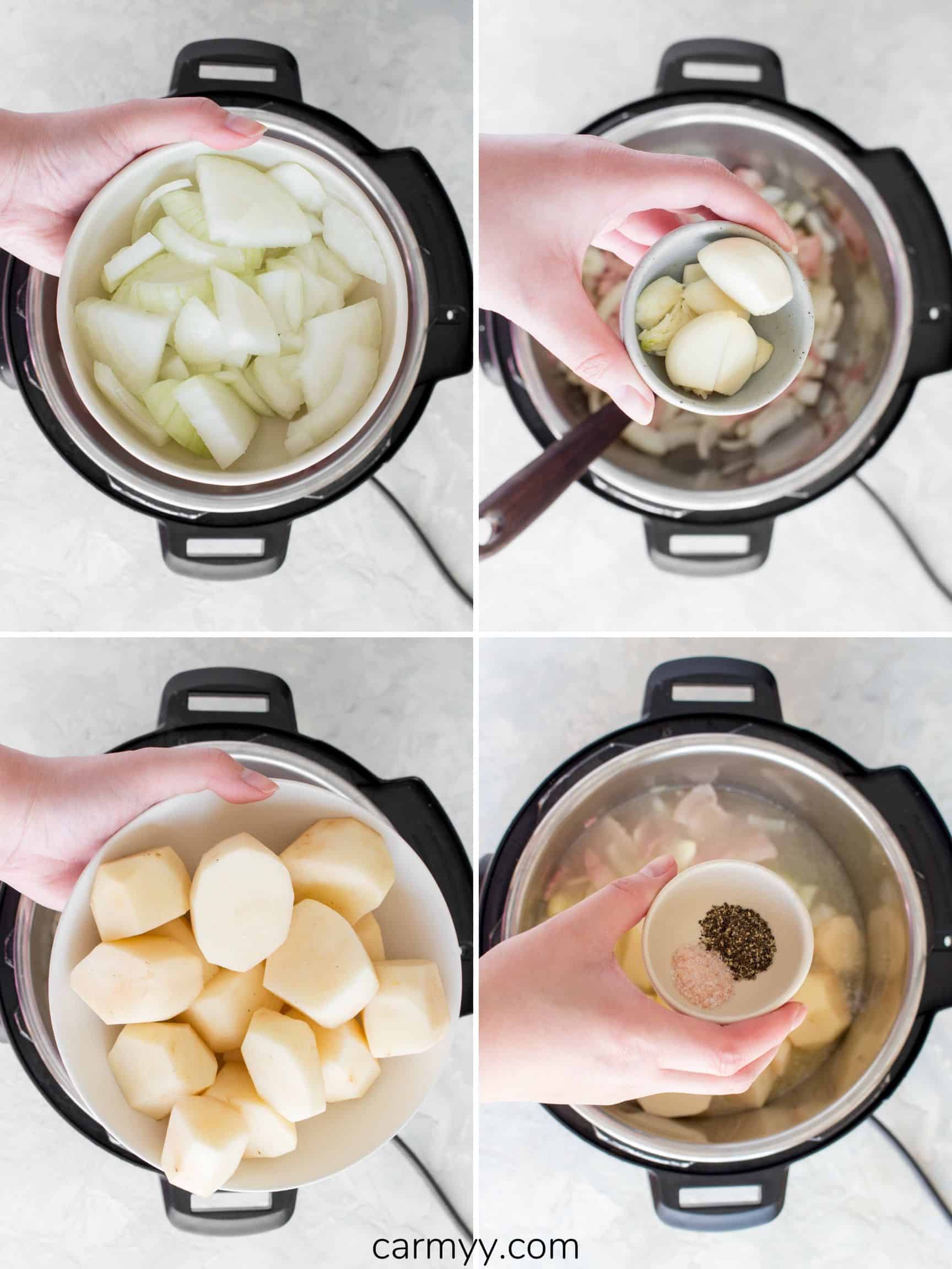 instant pot potato soup ingredients going into the pot