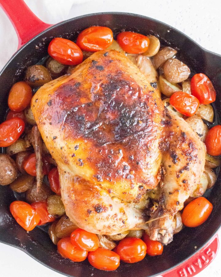 whole roast chicken in a cast iron staub skillet with baby potatoes and grape tomatoes
