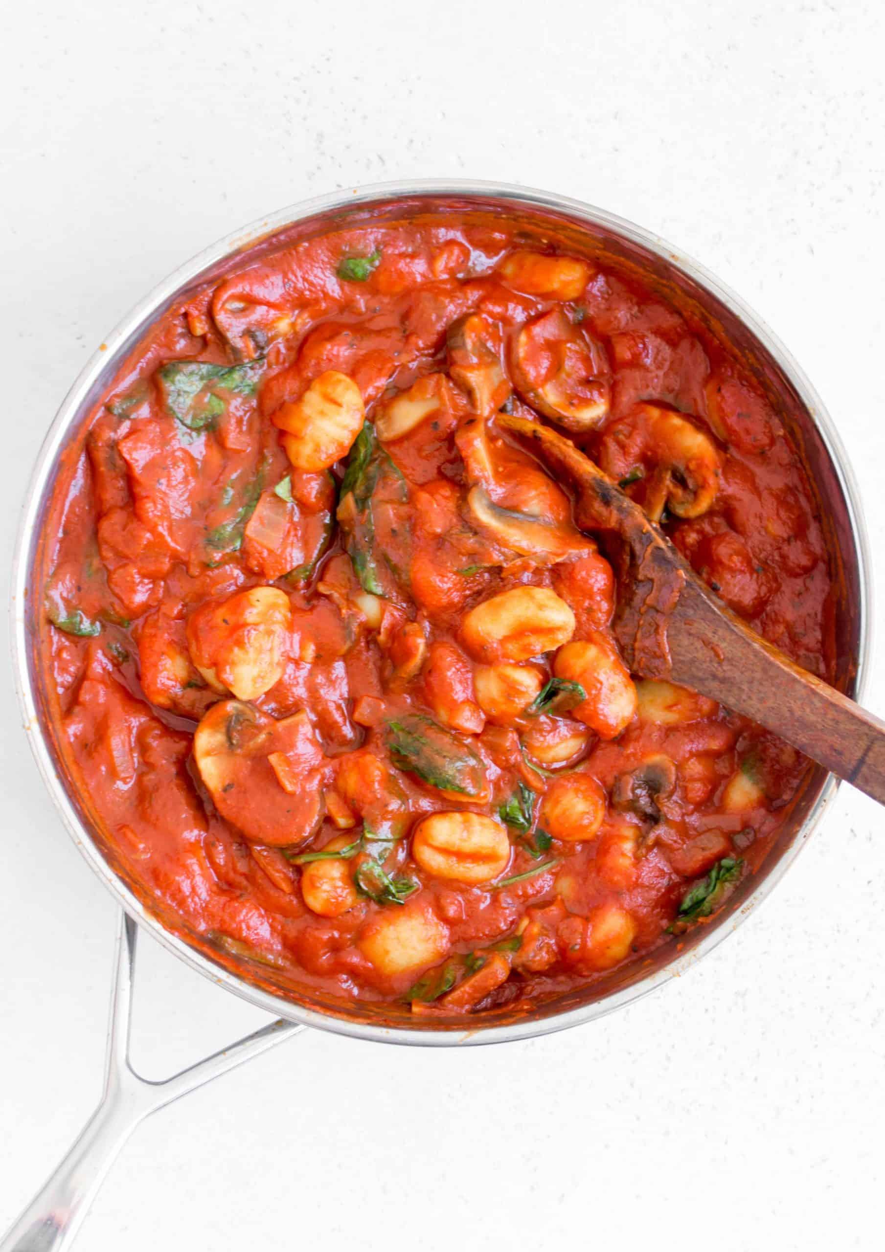 pan with gnocchi in tomato sauce