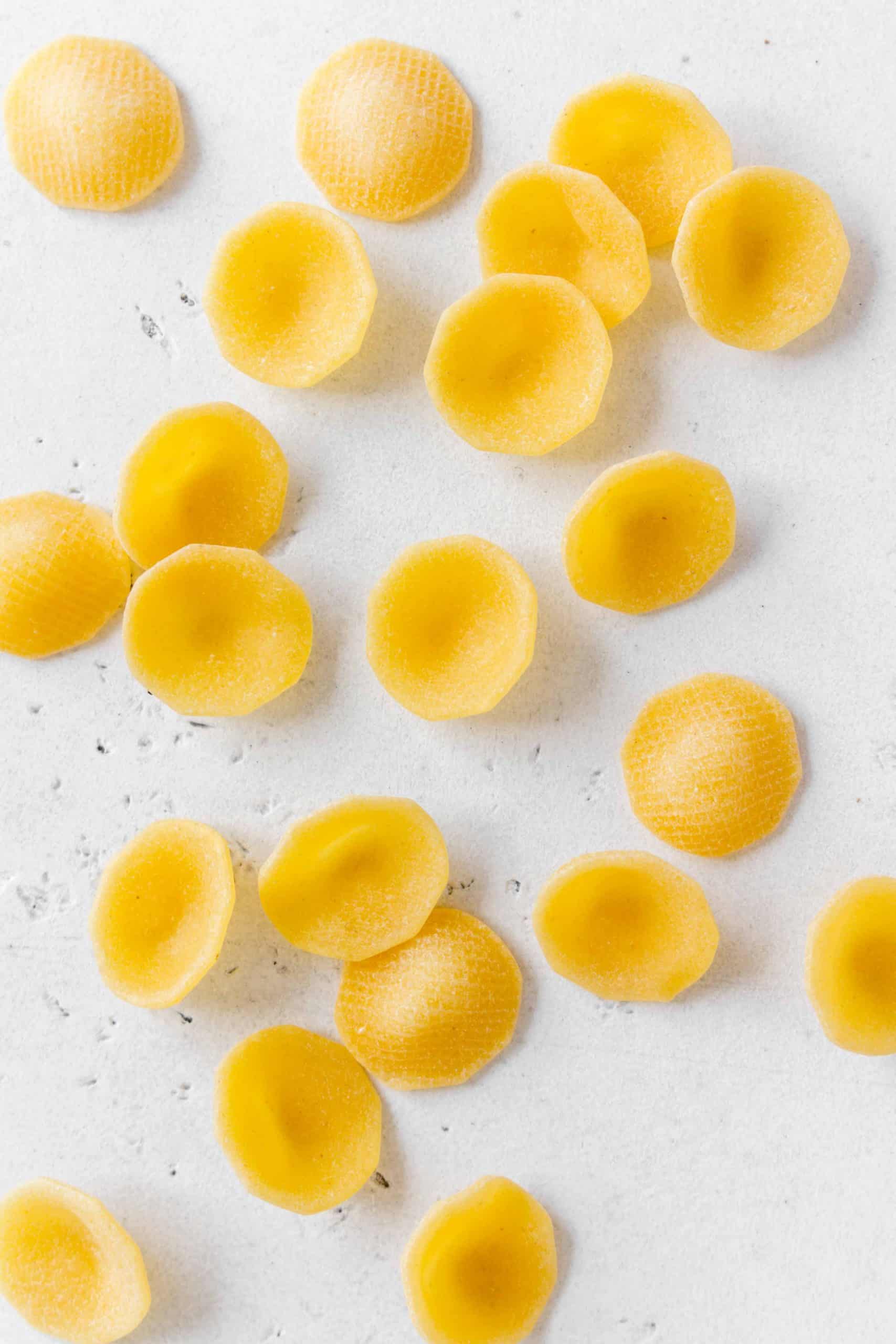 Overhead view of orecchiette pasta.