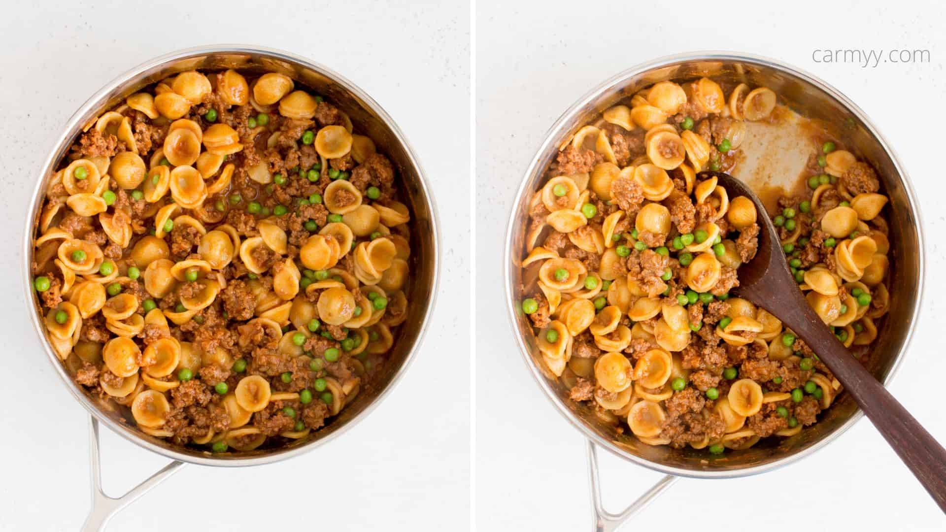 orecchiette pasta with beef and peas cooked in a zwilling pan