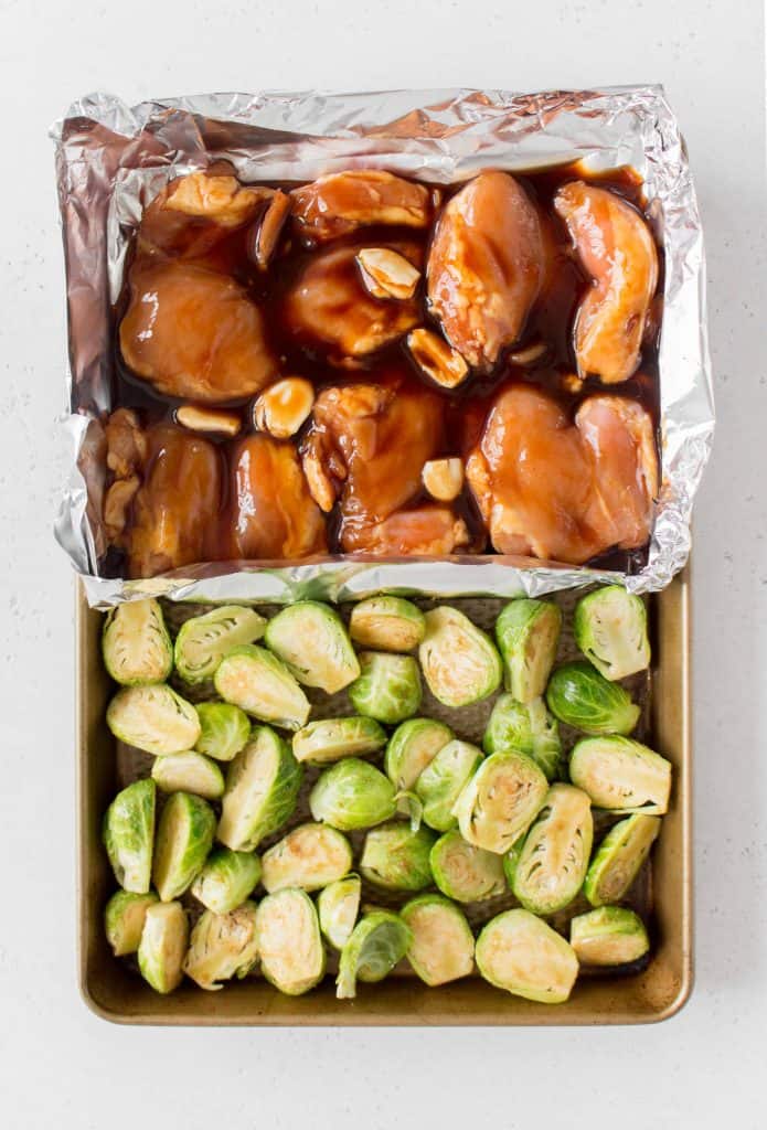 Sweet and Spicy Chicken Thighs with Brussels Sprouts Sheet Pan Meal