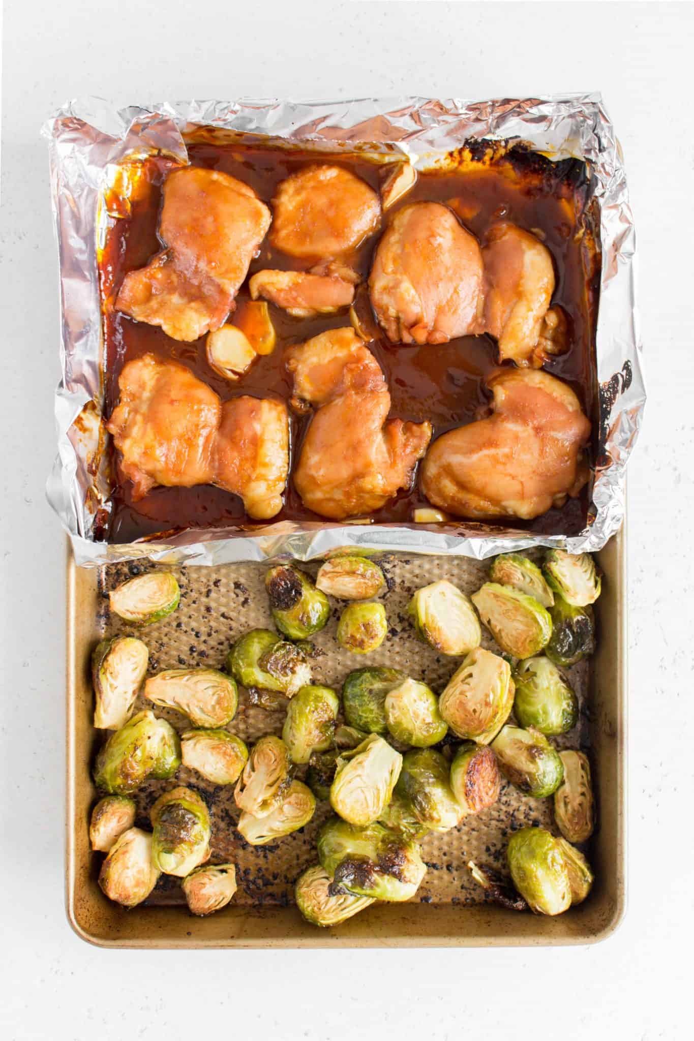 Sweet and Spicy Chicken Thighs with Brussels Sprouts Sheet Pan Meal