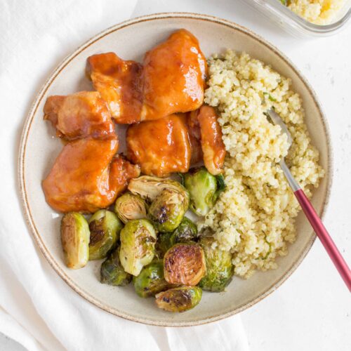 Sweet and Spicy Chicken Thighs with Brussels Sprouts Sheet Pan Meal