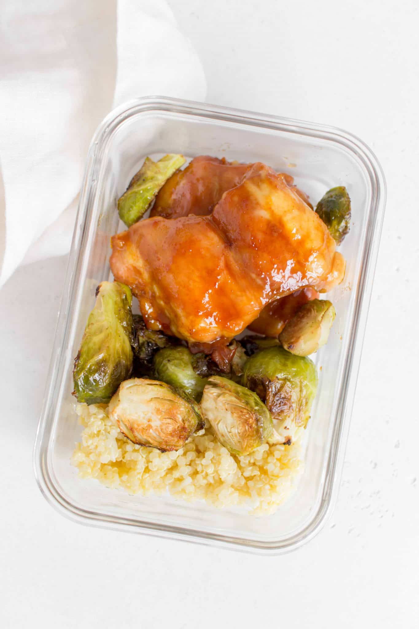 Sweet and Spicy Chicken Thighs with Brussels Sprouts Sheet Pan Meal