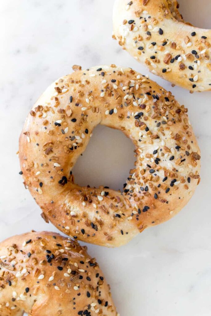 bagels made from the air fryer with everything bagel seasoning on top