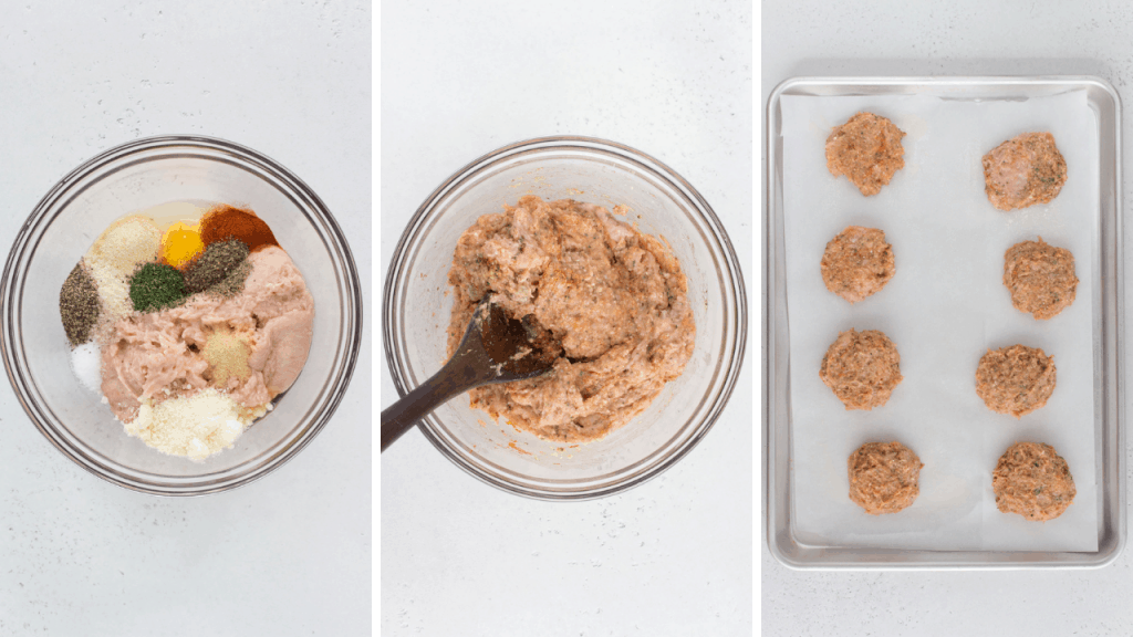 step by step photos showing how to mix the ground chicken mixture and shape into patties