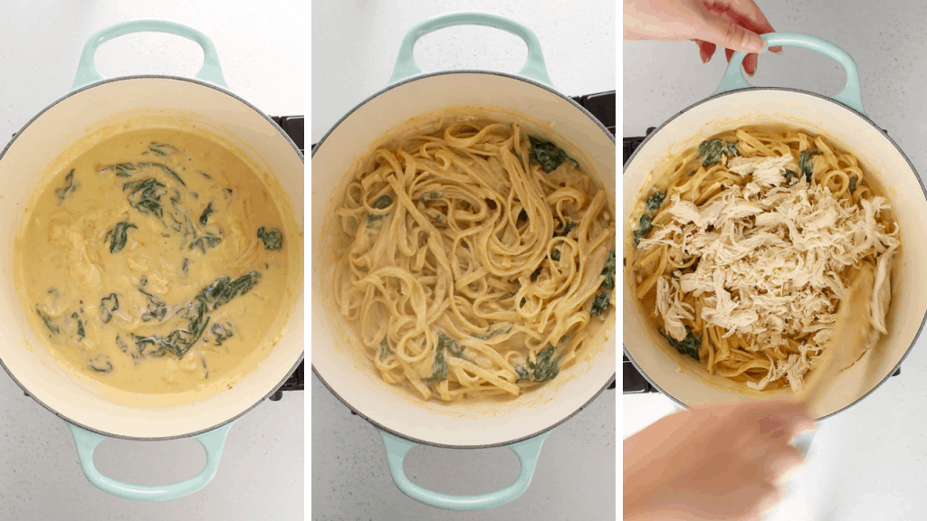 step by step instructional photos of making the hummus sauce, adding in pasta, and mixing in shredded chicken.