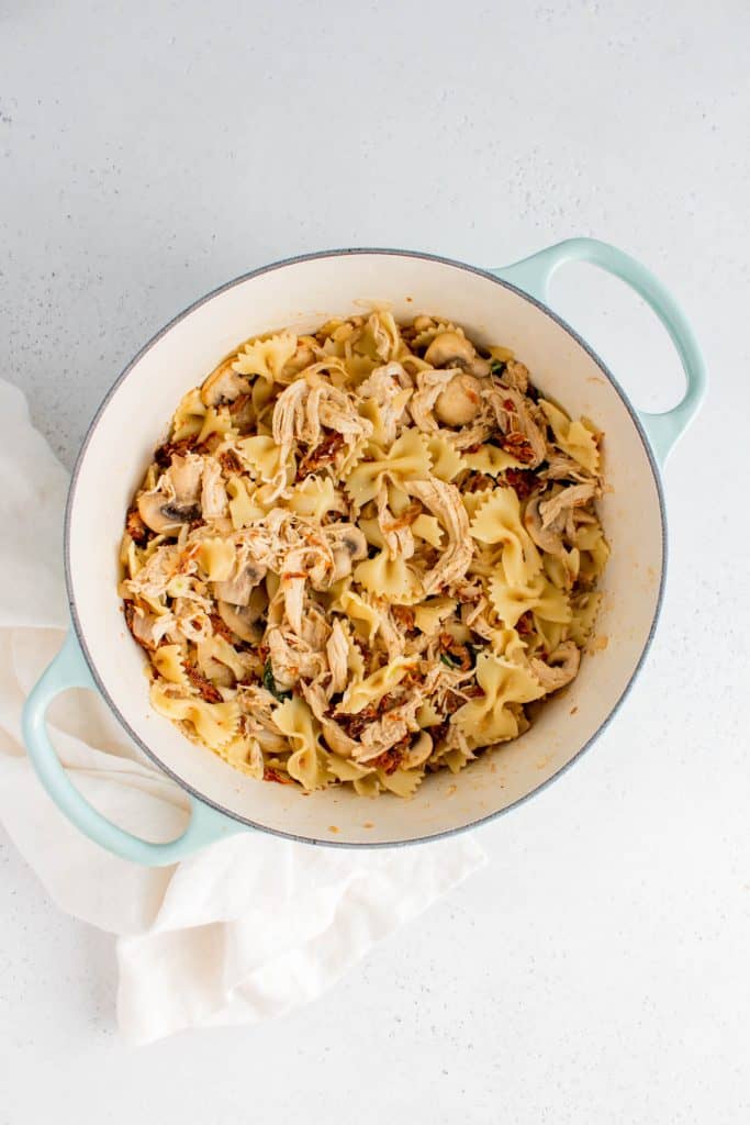 Sage dutch oven with sun dried tomato pasta with chicken.