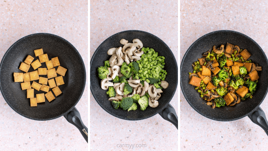 instructional photos of cooking tofu, stir frying vegetables, combining with sauce.