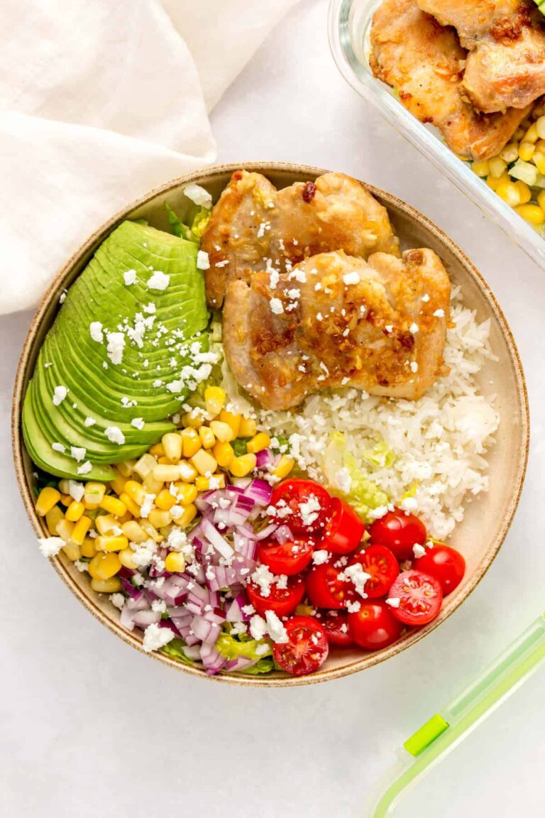 Garlic Butter Chicken Thighs Meal Prep Rice Bowl or Salad