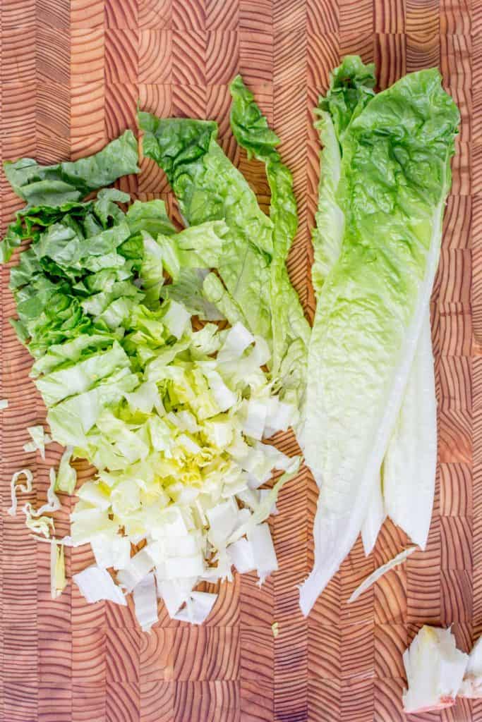 Diced romaine lettuce into bite sized pieces.
