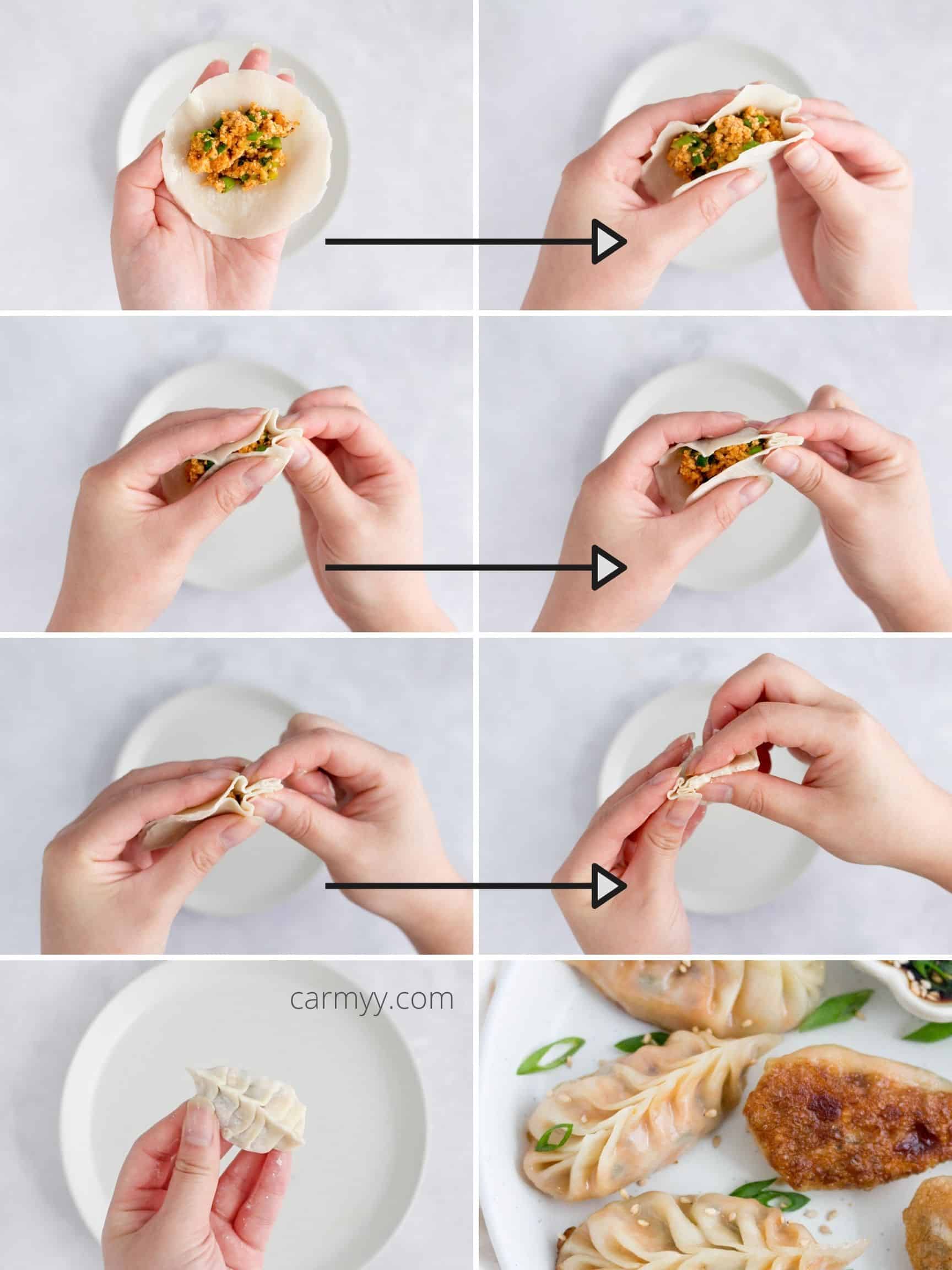 Step by step photos showing how to fold the dumplings.