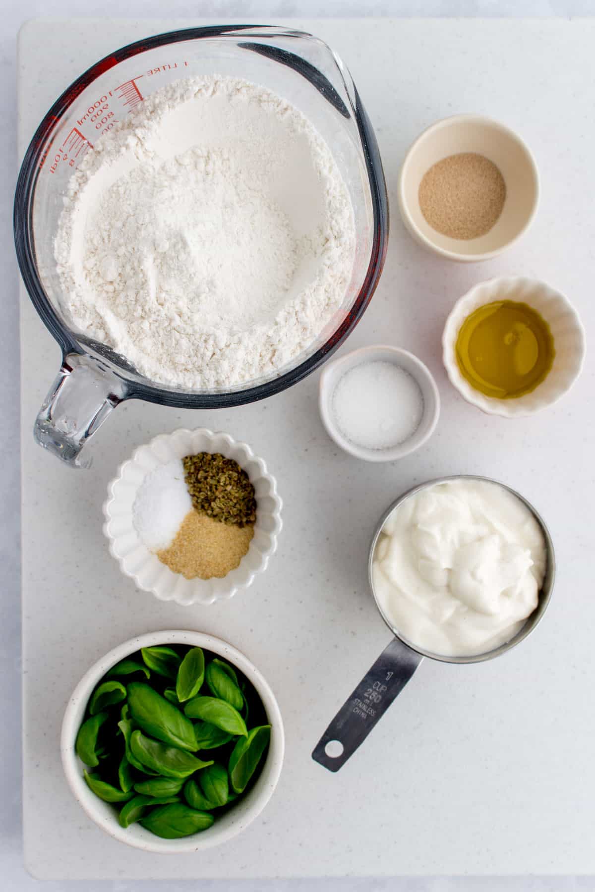 Overhead image of ingredients needed to make homemade flatbread with yogurt.
