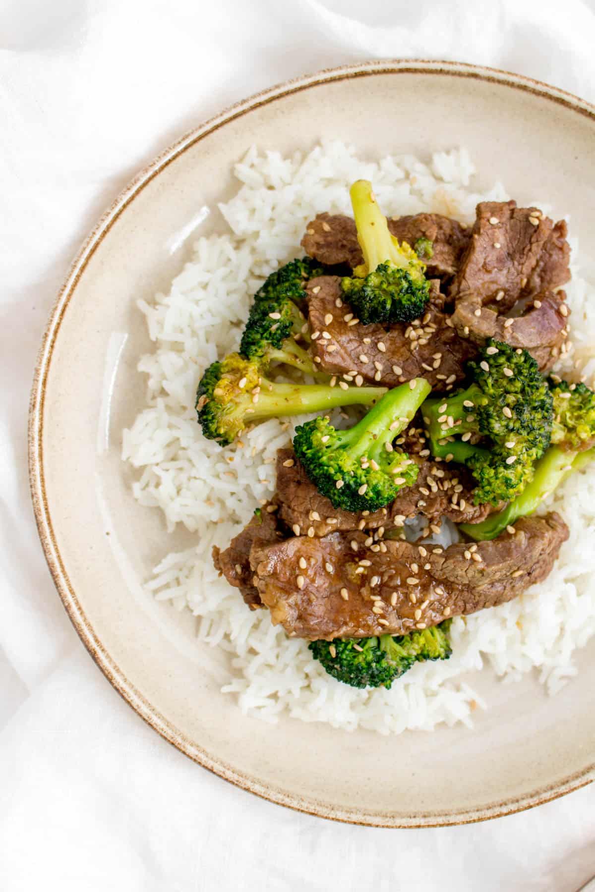 Close up of instant pot beef and broccoli over rice.