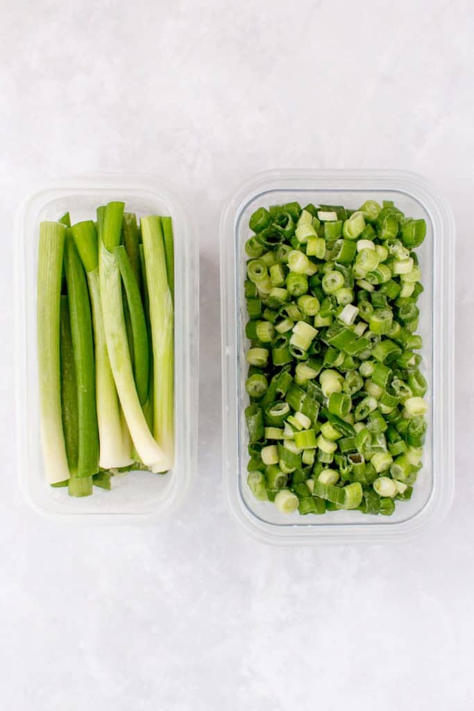 Frozen green onions. Sliced and halved.