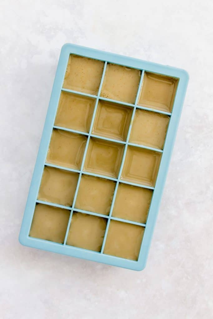 Hojicha mixture in an ice cube tray.