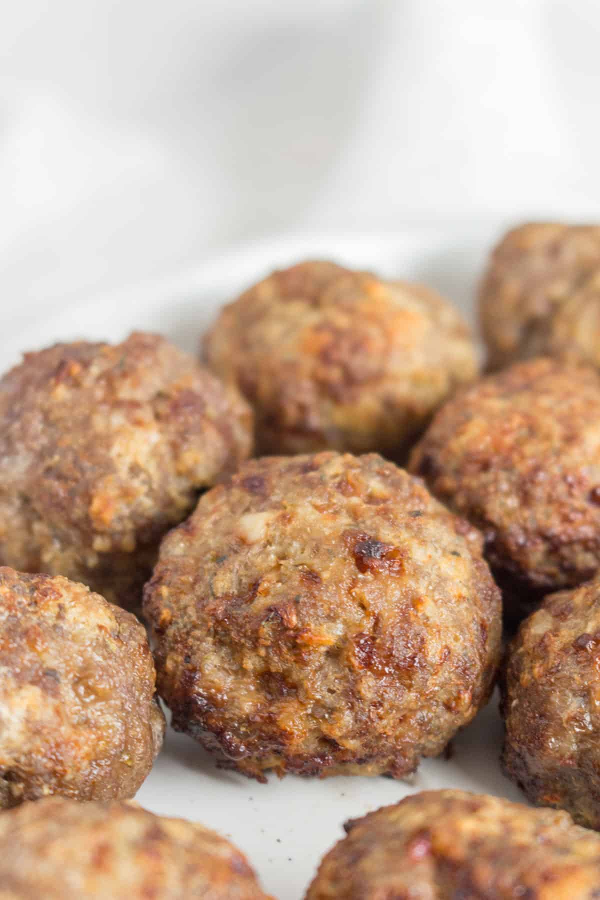 Close up of a beef air fryer meatball.