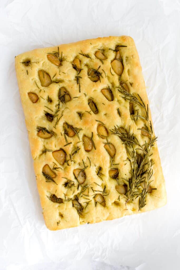 Overhead view of a rosemary and garlic focaccia.