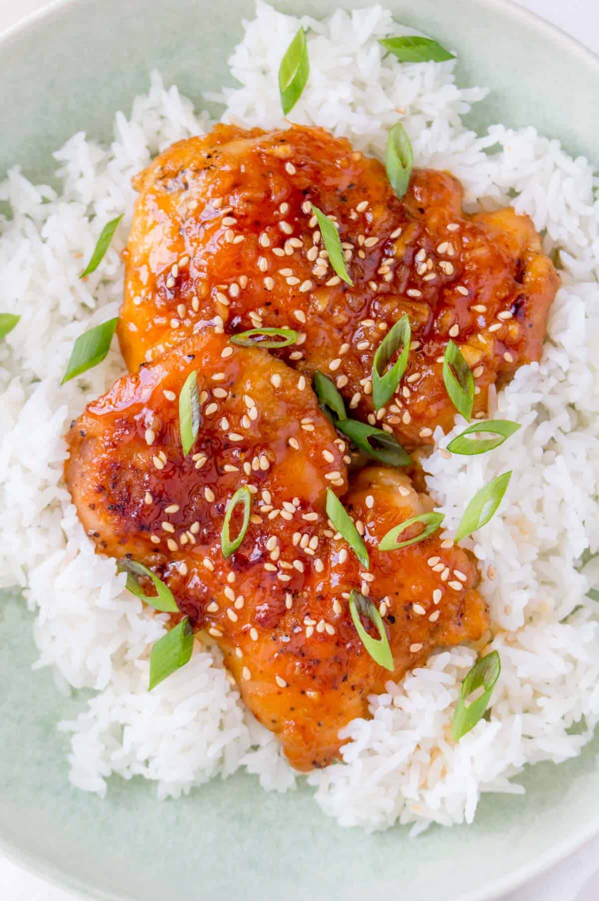 Close up of two spicy chicken thighs over rice.