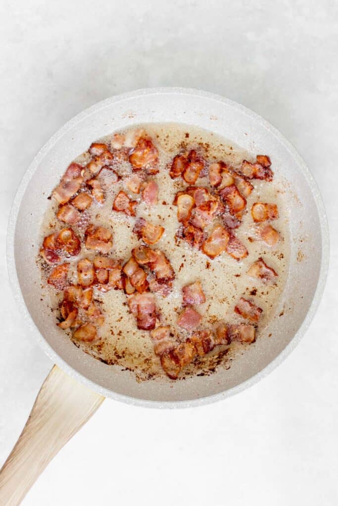 Crispy bacon in a pan.