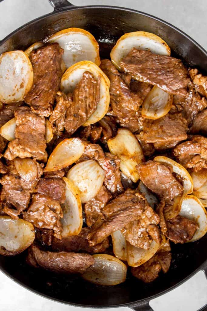 Close up of beef and onions.