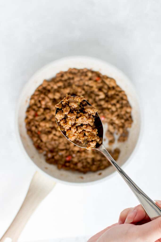 A spoonful of ground pork.