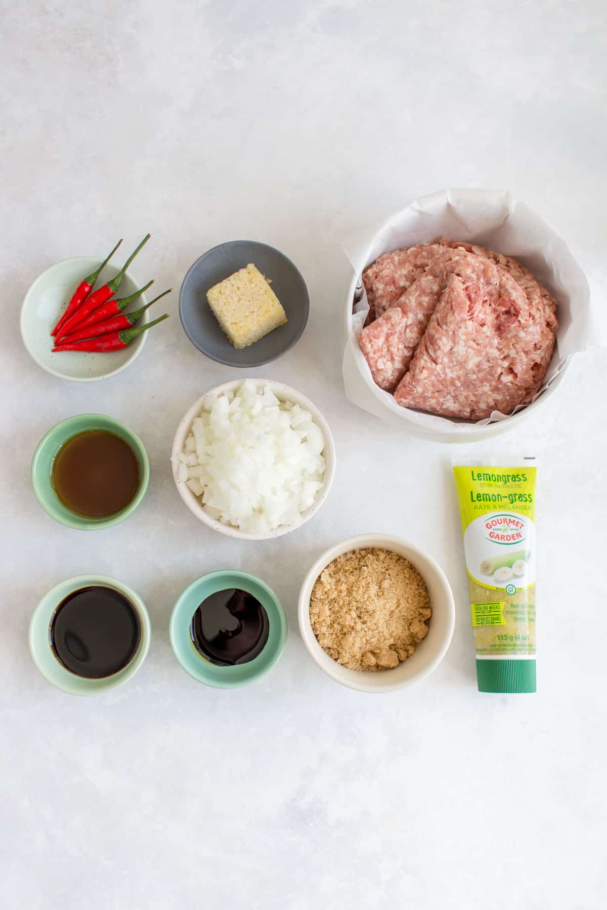 Ingredients needed to make Vietnamese ground pork bowls.