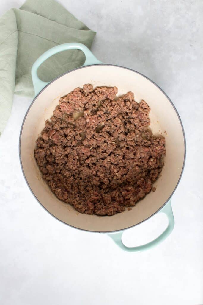 Ground beef cooked in a pot.