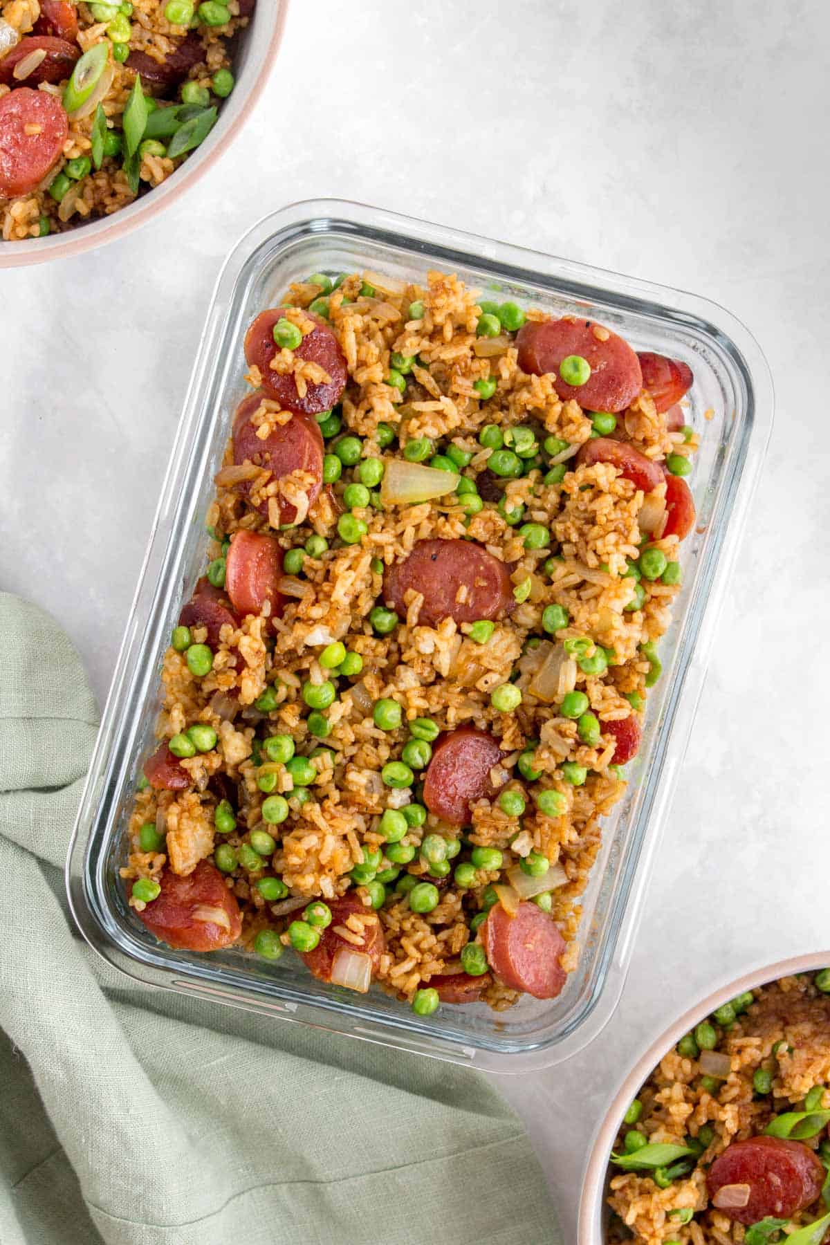 Meal prep container with Chinese sausage fried rice.