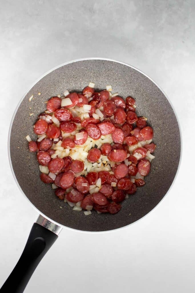 Chinese sausage sautéed with onions and garlic.