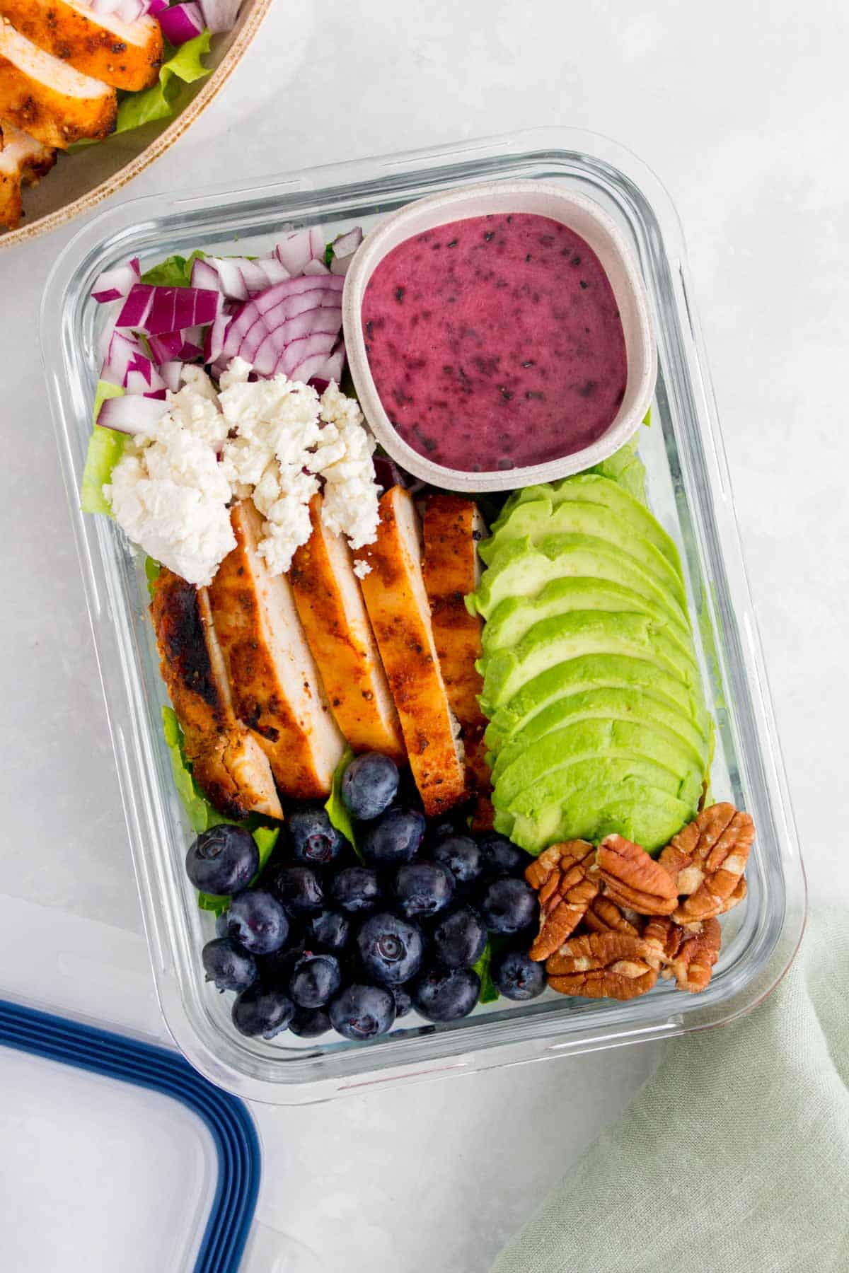 Meal prep container with grilled chicken salad with blueberries, pecans, onions, avocado, and goat cheese with a blueberry vinaigrette.