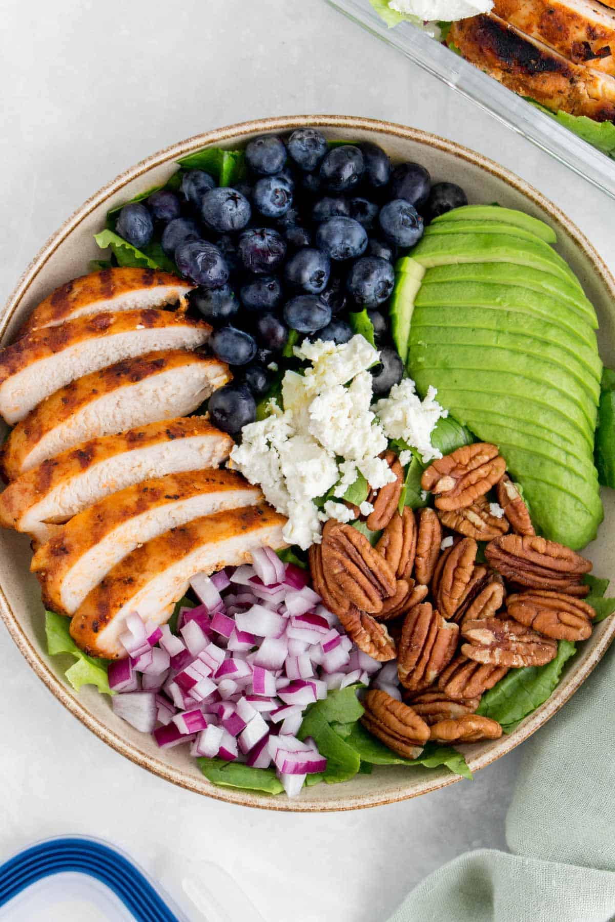 A plate of grilled chicken salad with blueberries, pecans, onions, avocado, and goat cheese.
