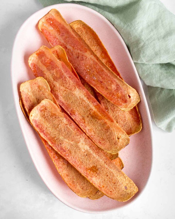A platter of turkey bacon made in the oven.