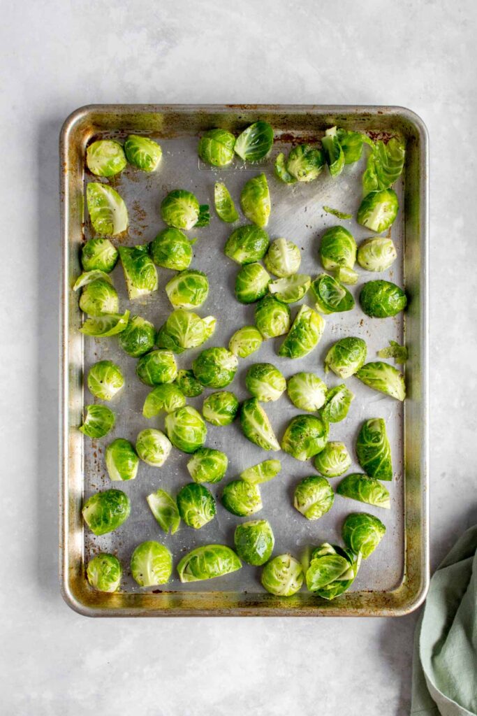 Brussels sprouts on a sheet pan.