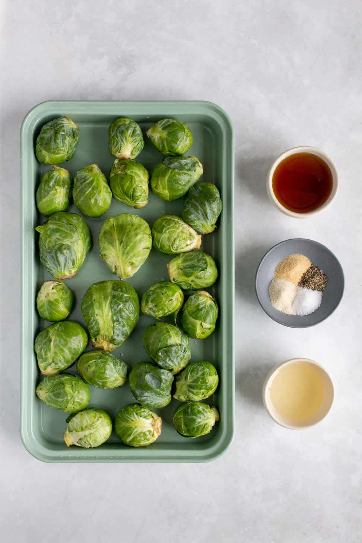 Ingredients needed to make maple brussels sprouts.