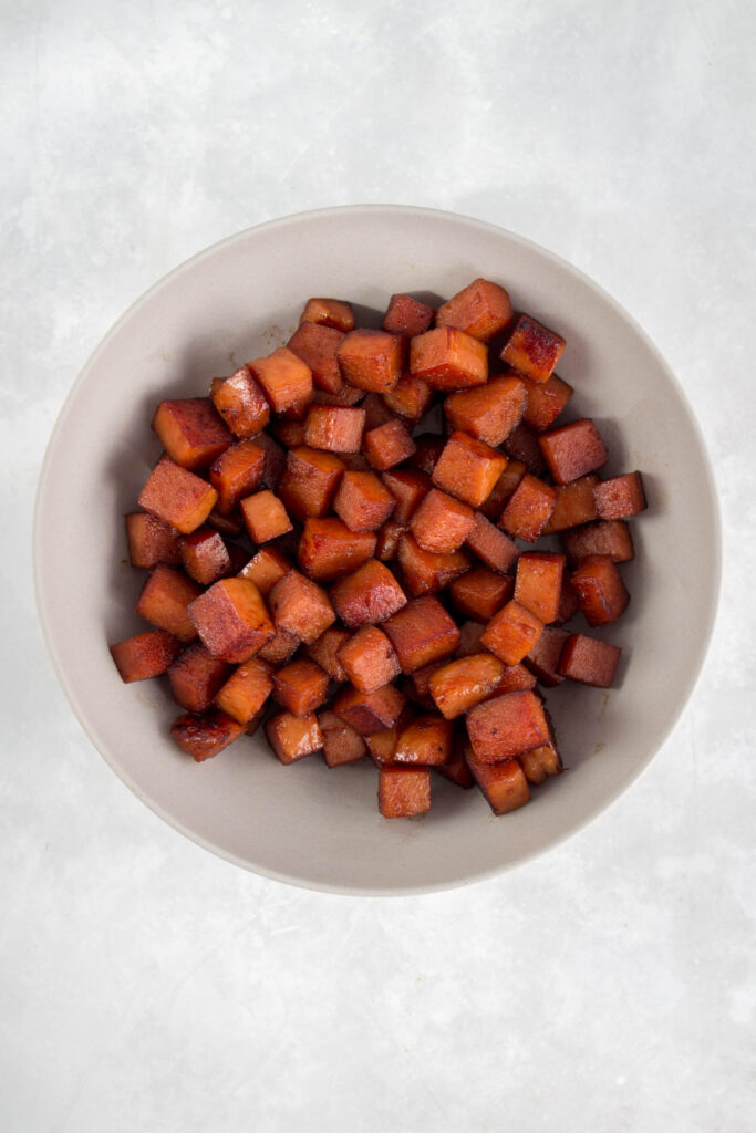 Caramelized spam in a plate.