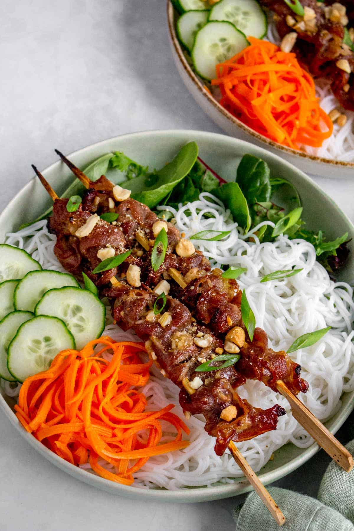 A plate of bun thit nuong (Vietnamese grilled pork with rice-vermicelli noodle).