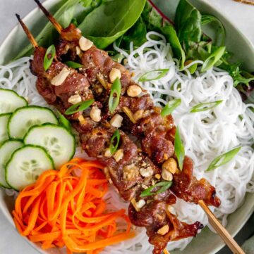 A plate of bun thit nuong (Vietnamese grilled pork with rice-vermicelli noodle).