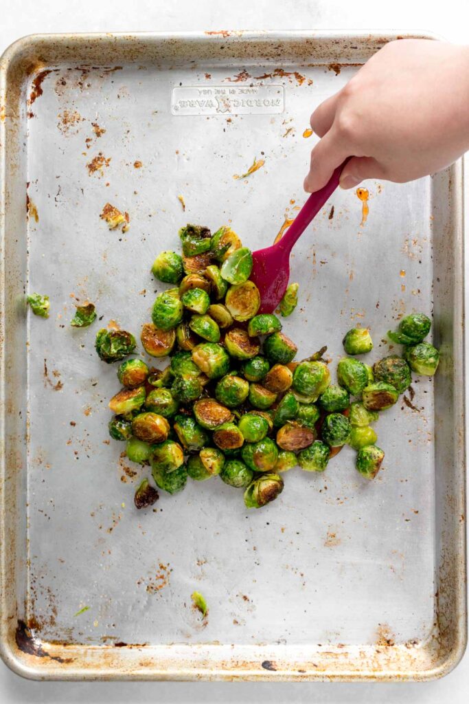 Honey sriracha added to roasted brussels sprouts.