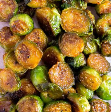 Close up photo of honey sriracha brussels sprouts.