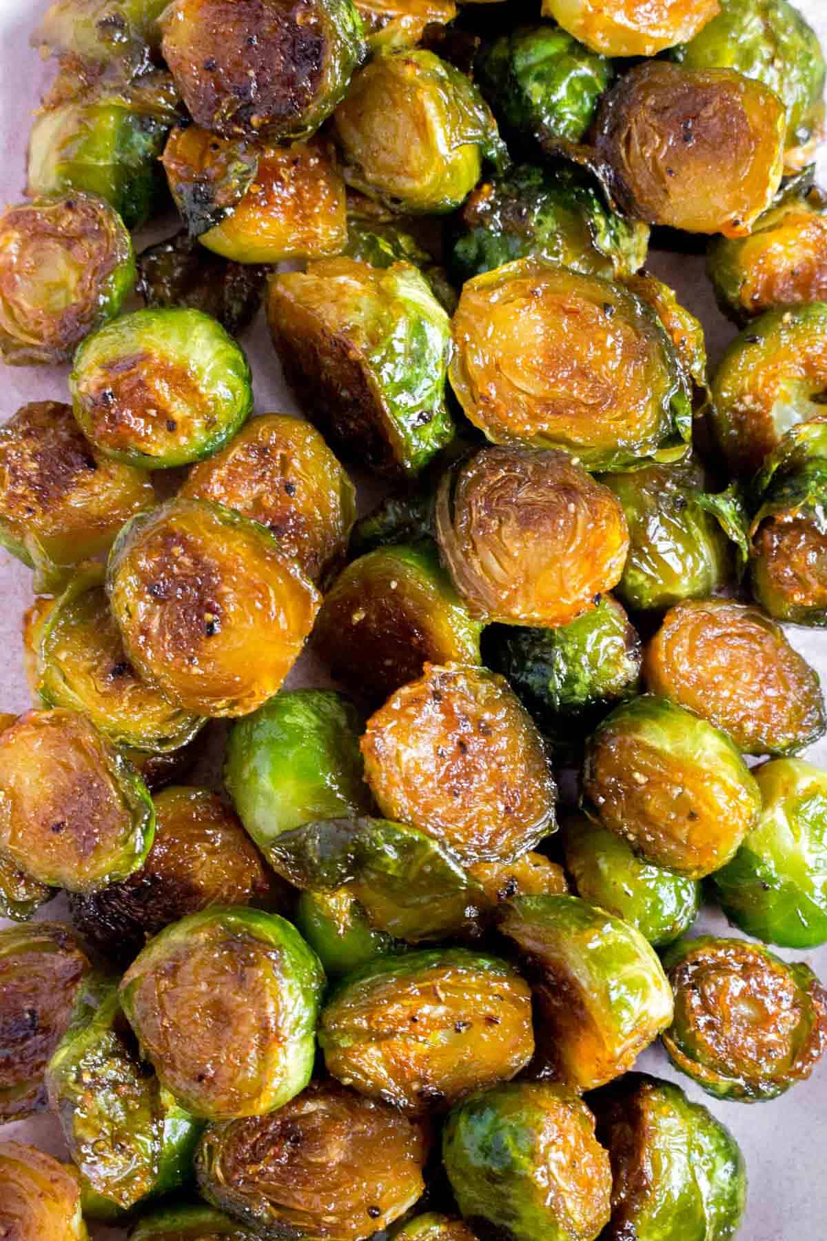 Close up photo of honey sriracha brussels sprouts.