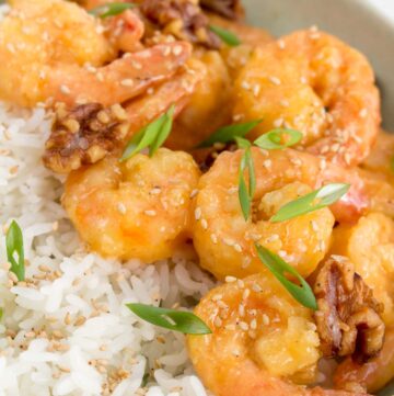 Close up of honey walnut shrimp with rice.
