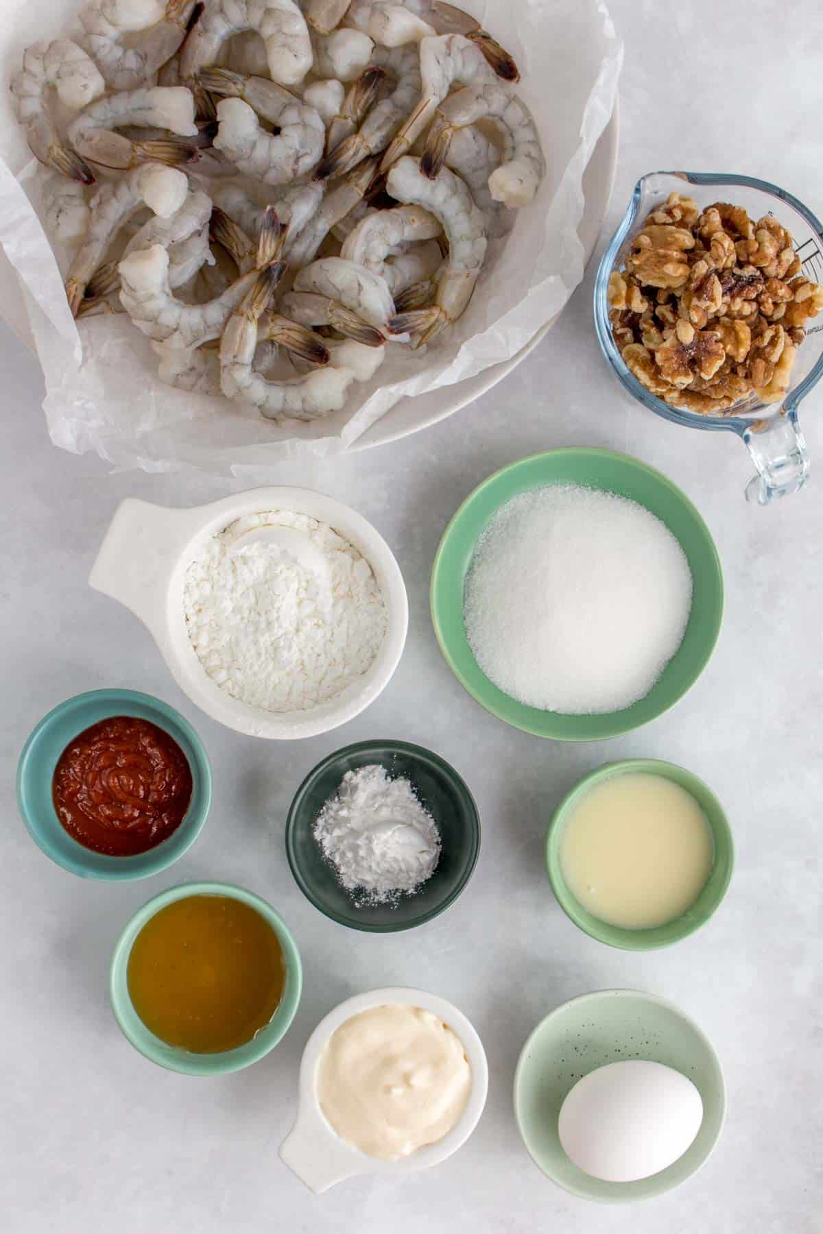 Ingredients needed to make honey walnut shrimp.