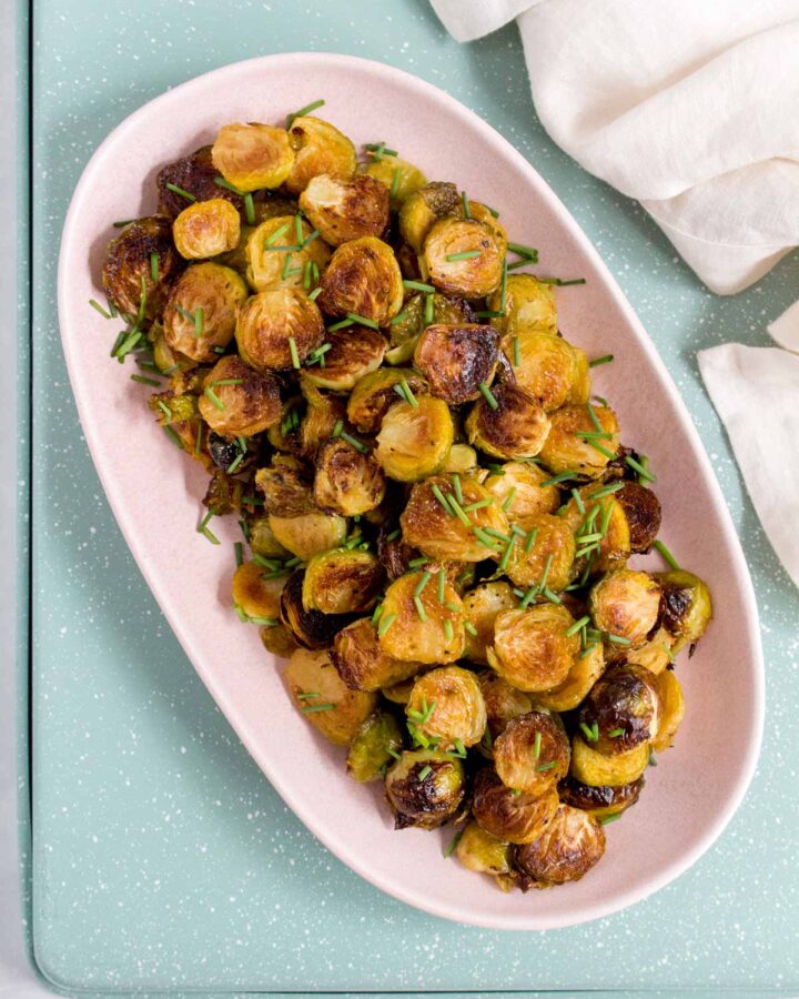 A platter of maple mustard brussels sprouts.