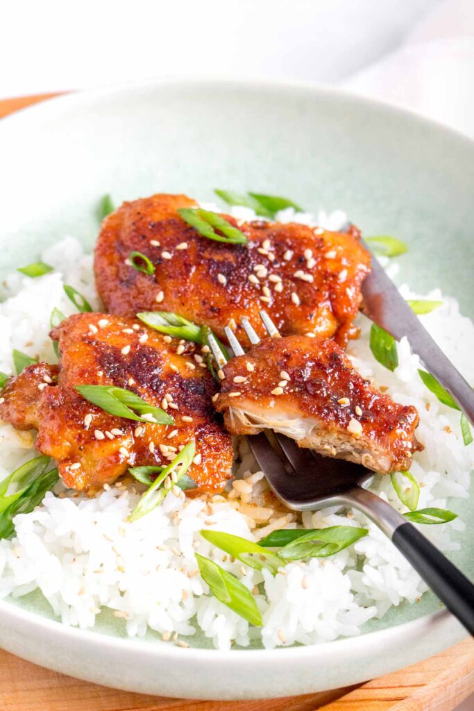 A plate of teriyaki chicken thighs with rice garnished with green onions and sesame seeds.