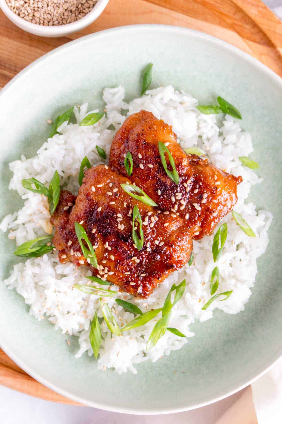 Close up photo of a plate of teriyaki chicken thighs.